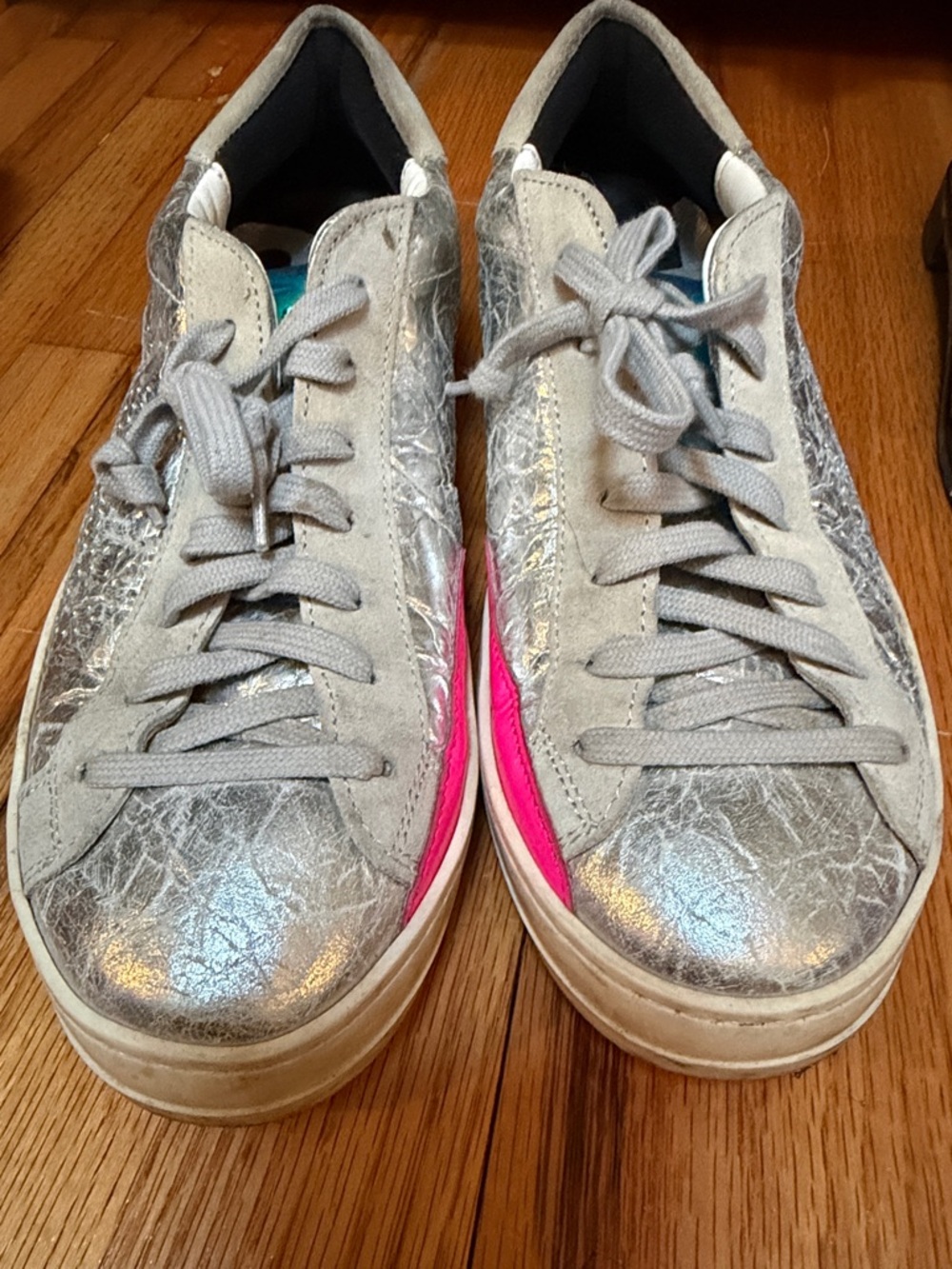 P448 Silver Metallic Sneakers with Pink Side Accent